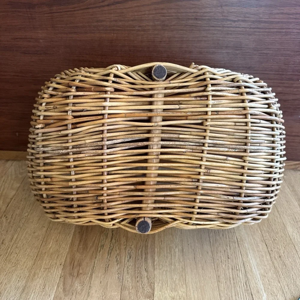 Vintage French Woven Gathering Basket 1960s Bamboo Handle Cottagecore 20